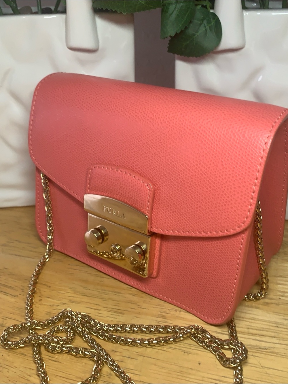 Furla Coral-Pink Leather Mini Crossbody with Gold Hardware